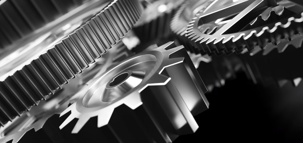 Gears and cogs mechanism. Industrial machinery. Close-up, detailed. 3D illustration